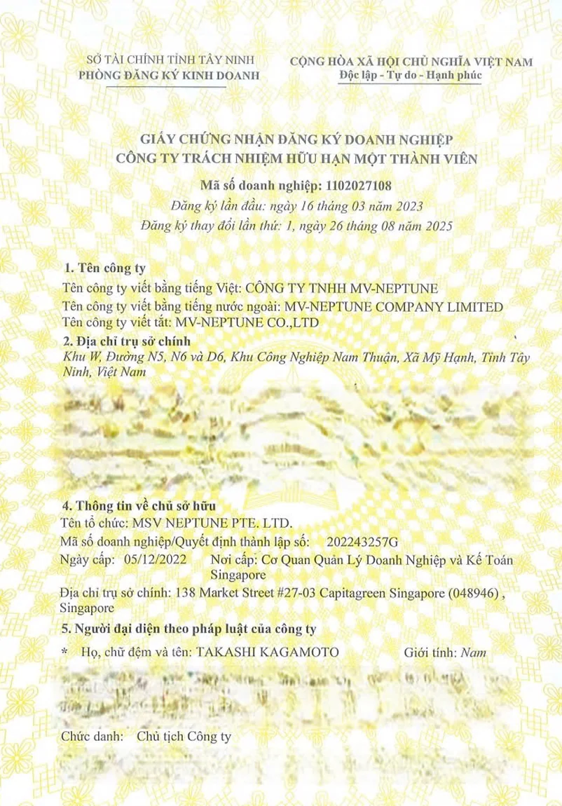 Giấy chứng nhận Đăng ký Doanh nghiệp (mặt trước)